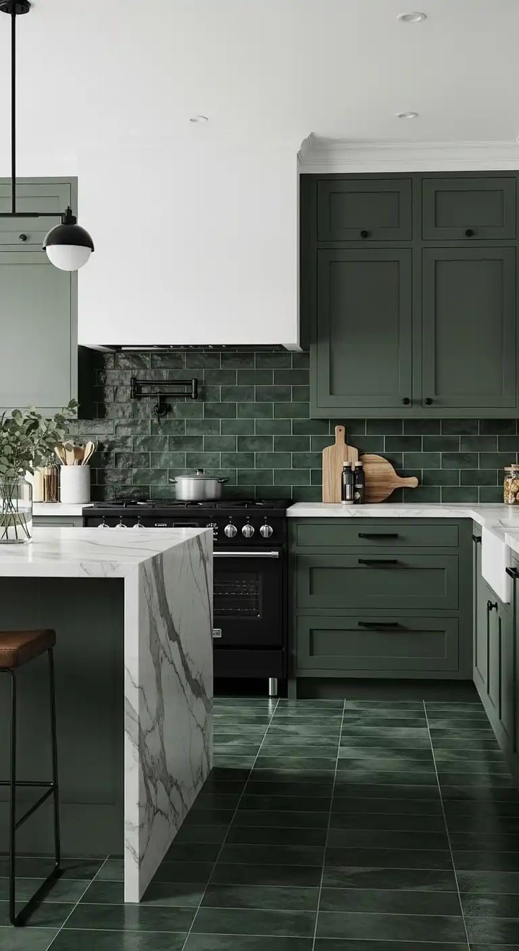 Green kitchen cabinets design with natural oak accents and ribbed glass uppers