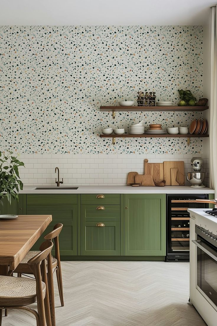 Green kitchen cabinets design with matte black hardware and herringbone oak floor