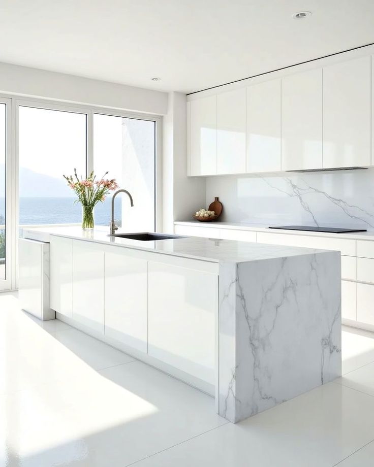 Minimalist slab White Kitchen Cabinet with handleless design