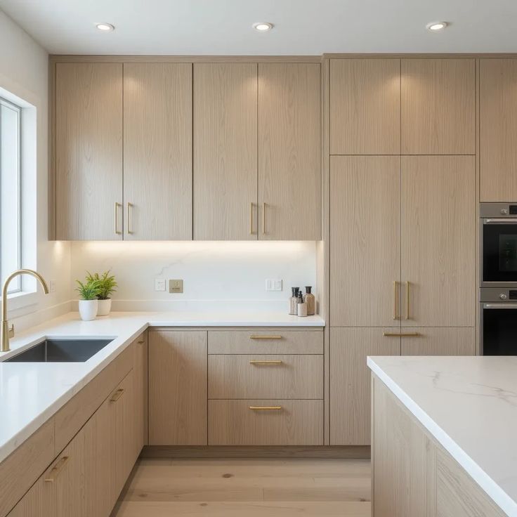 White Oak Kitchen Cabinets with black hardware and dark stone island for bold contrast