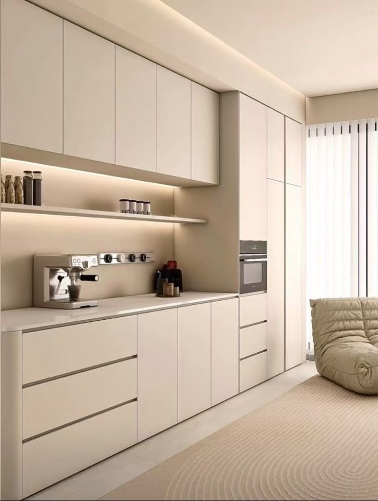 White Kitchen Cabinet with glass-front upper doors and interior lighting