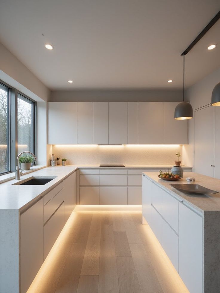 White Kitchen Cabinet with under-cabinet LED lighting and pendant lights