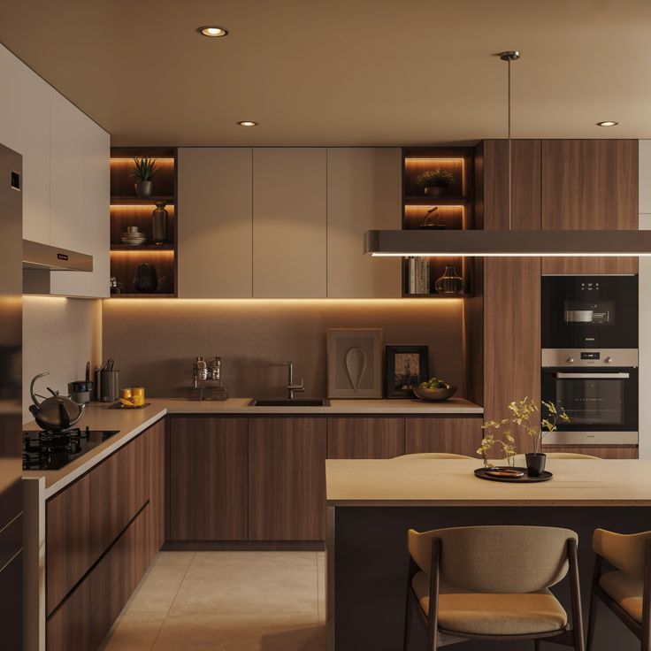 isla central con almacenamiento y combinación de gabinetes de cocina en blanco y madera