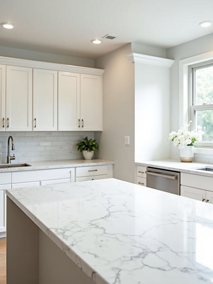 Quartz cabinet countertops in a modern kitchen, featuring a smooth non-porous surface.
