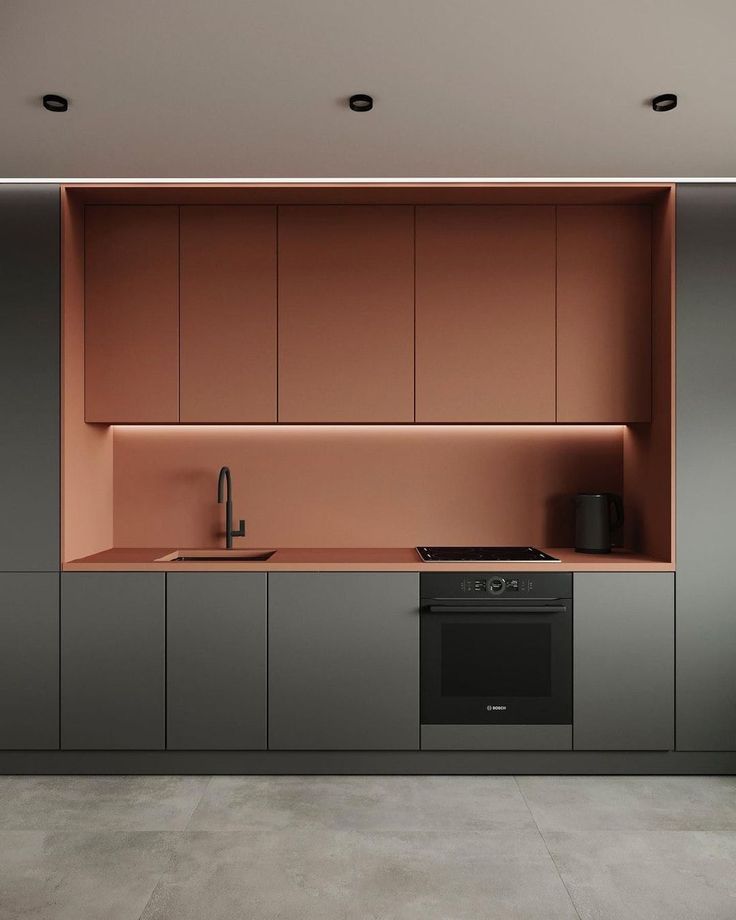 metal kitchen cabinets paired with concrete countertop and glass backsplash