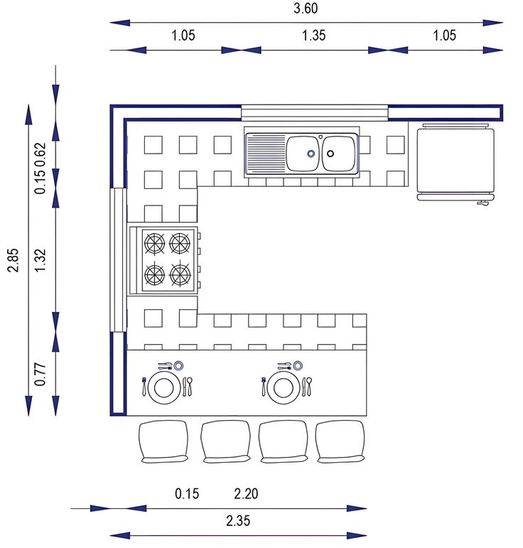 AIS SMARTI Standard kitchen island dimensions diagram for layout planning