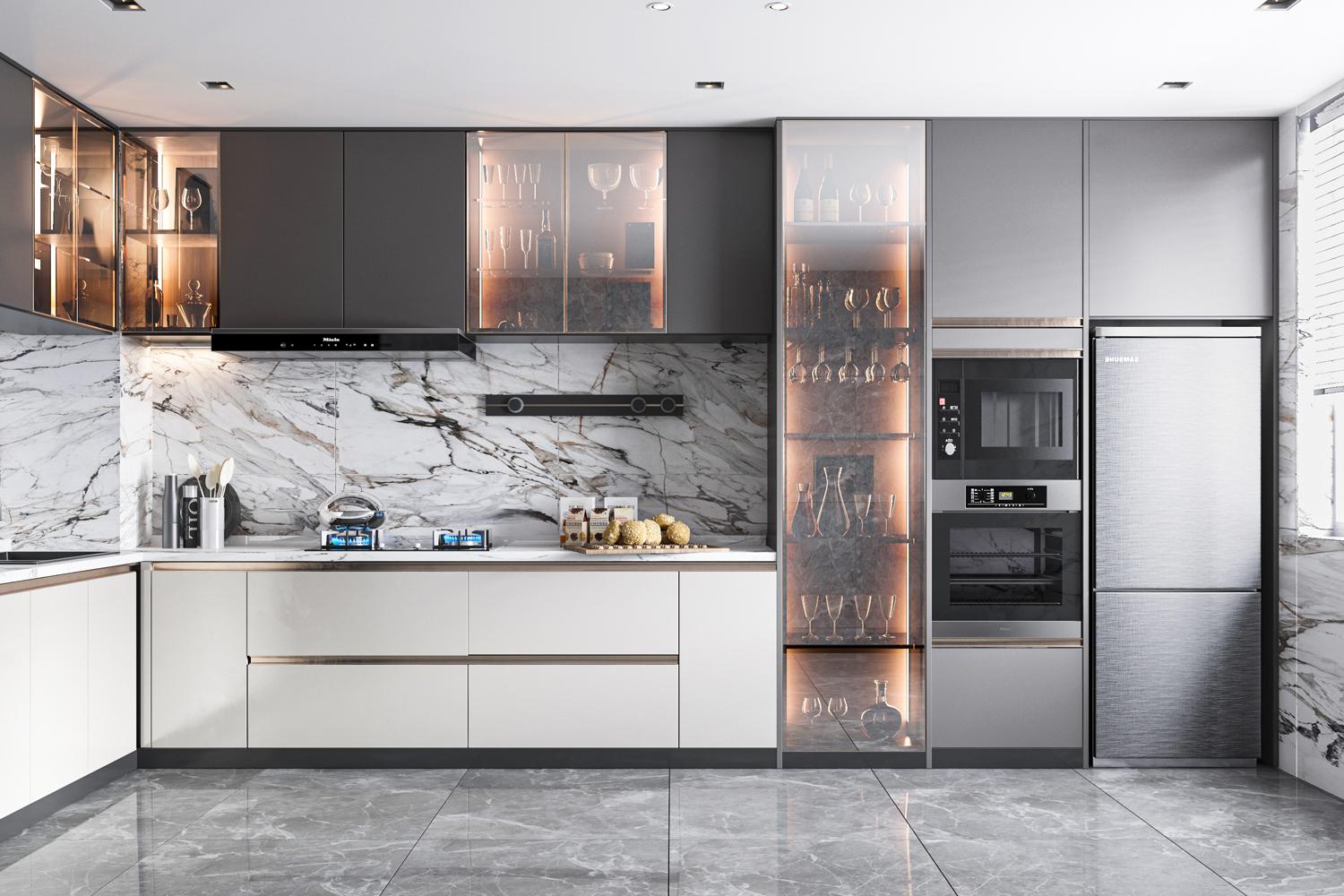 AIS Kitchen Cabinet color White Lacquer Finish L-shaped Layout Sustainable Cabinet