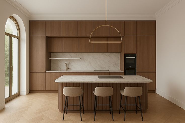 AIS Cabinet Modern kitchen lighting design with pendant and under-cabinet LEDs.