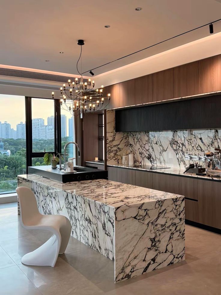 Quartz countertop with marble-look veining in a modern kitchen.